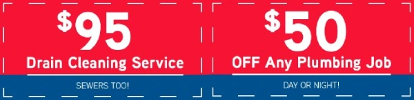 $50 Off Any Plumbing Job, $95 Drain Cleaning Service.