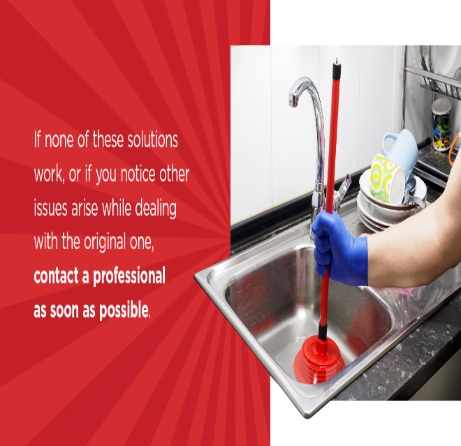 Homeowner using a red plunger in kitchen sink to unclog sink.