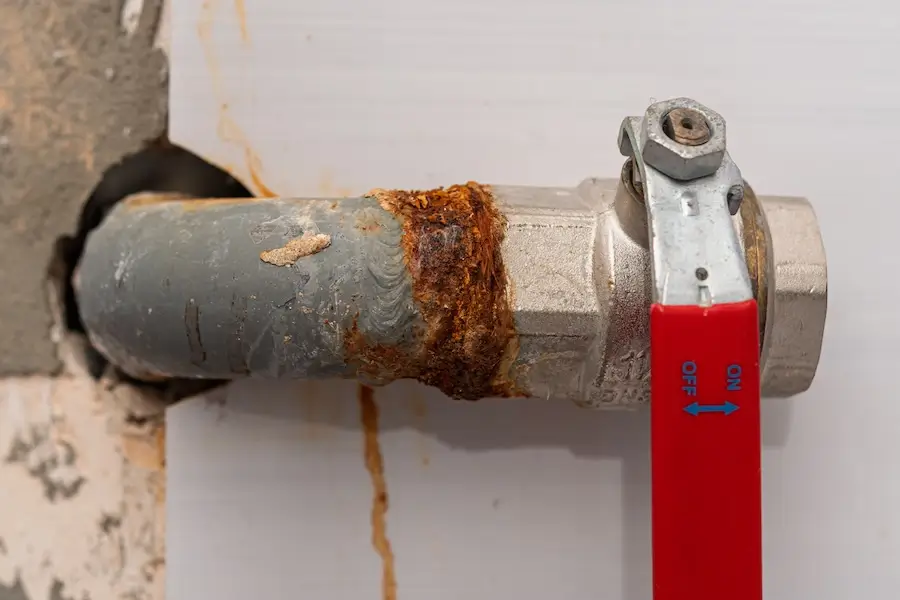 Rusty metal pipe with corrosion stains.