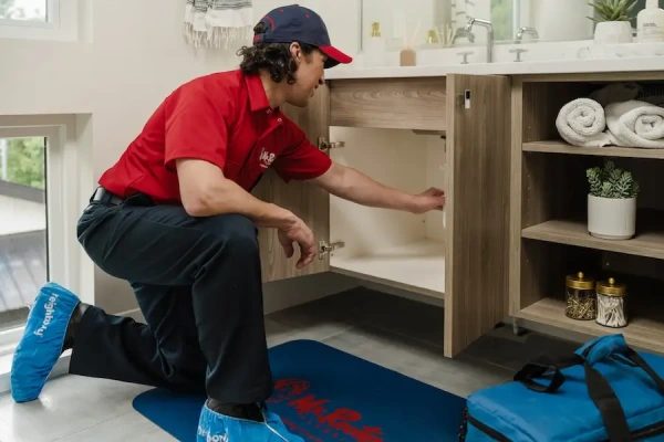 A Mr. Rooter Plumbing® service professional inspecting under a sink to install a water hammer arrestor.
