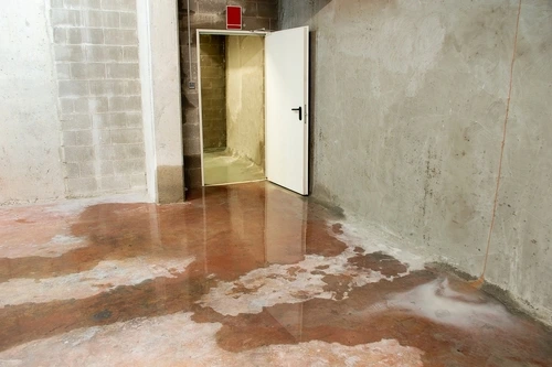 Water pooling around a basement floor drain, showing signs of drainage system failure.